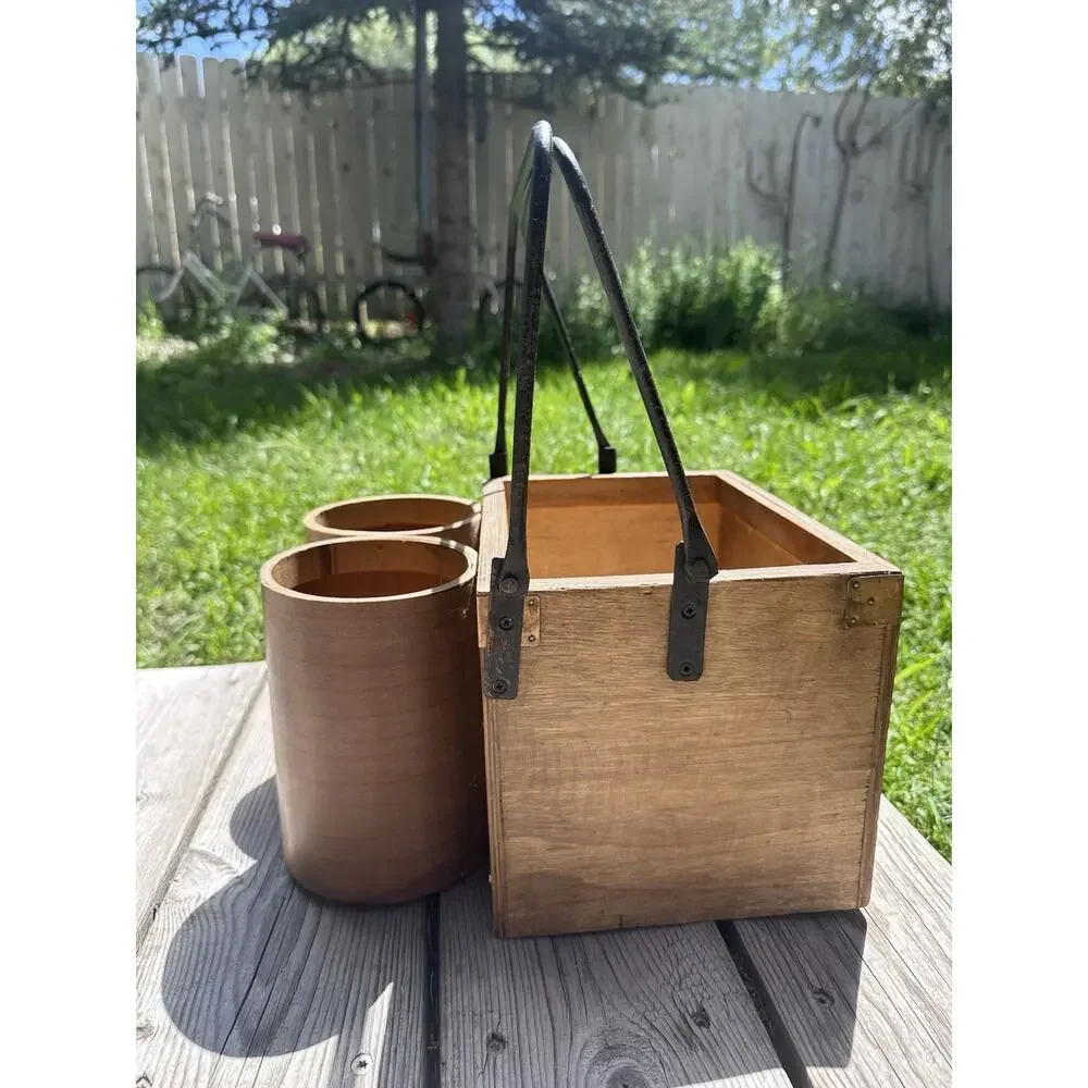 Vintage Wooden Picnic Basket With Cupholders Hand Painted Grapes Metal Handle